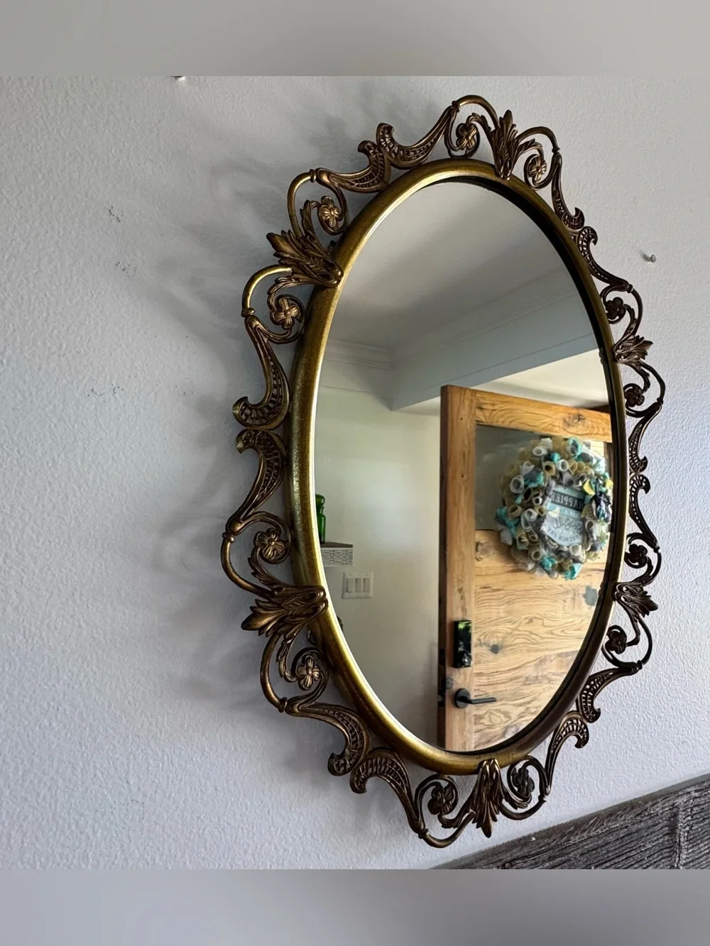 Vintage Ornate Gold Tone Oval Wall Mirror Floral Scroll Hollywood Regency